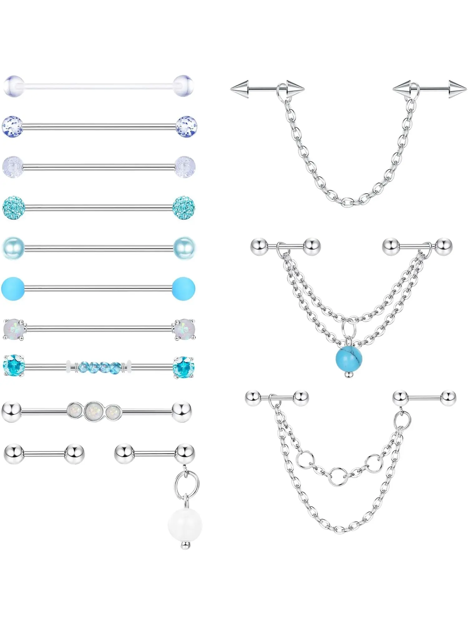 14 Pcs Trendy Industrial Piercing Earrings, 14G 16G Surgical Steel Barbell, Cartilage  Statement