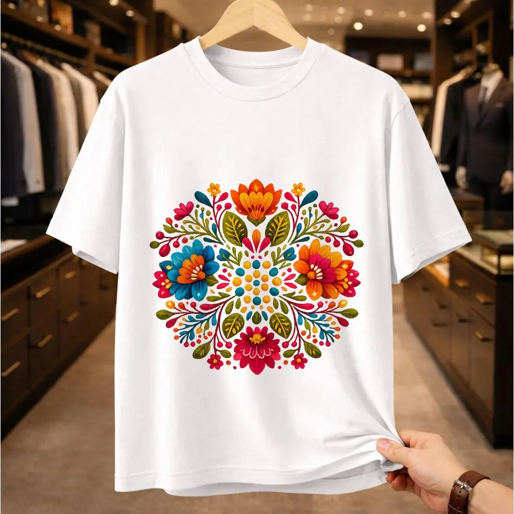 Floral Mandala T-Shirt Women Boho Y2K Aesthetic Colorful Symmetrical Print Graphic Tee Vintage Oversized Streetwear Top