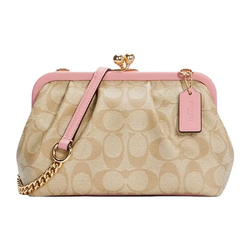 COACH Kisslock 22 Crossbody Bag for Women – Saffiano Leather, Cherry Blossom Pink with Khaki Monogram