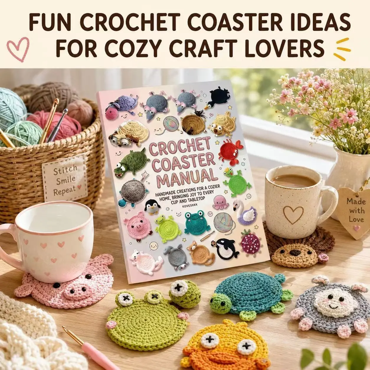 Crochet Coaster Manual Book, Animal Cup Mat Knitting Tutorial, Step-By-Step Guide, Easy for Beginners, No Complex Stitches Required