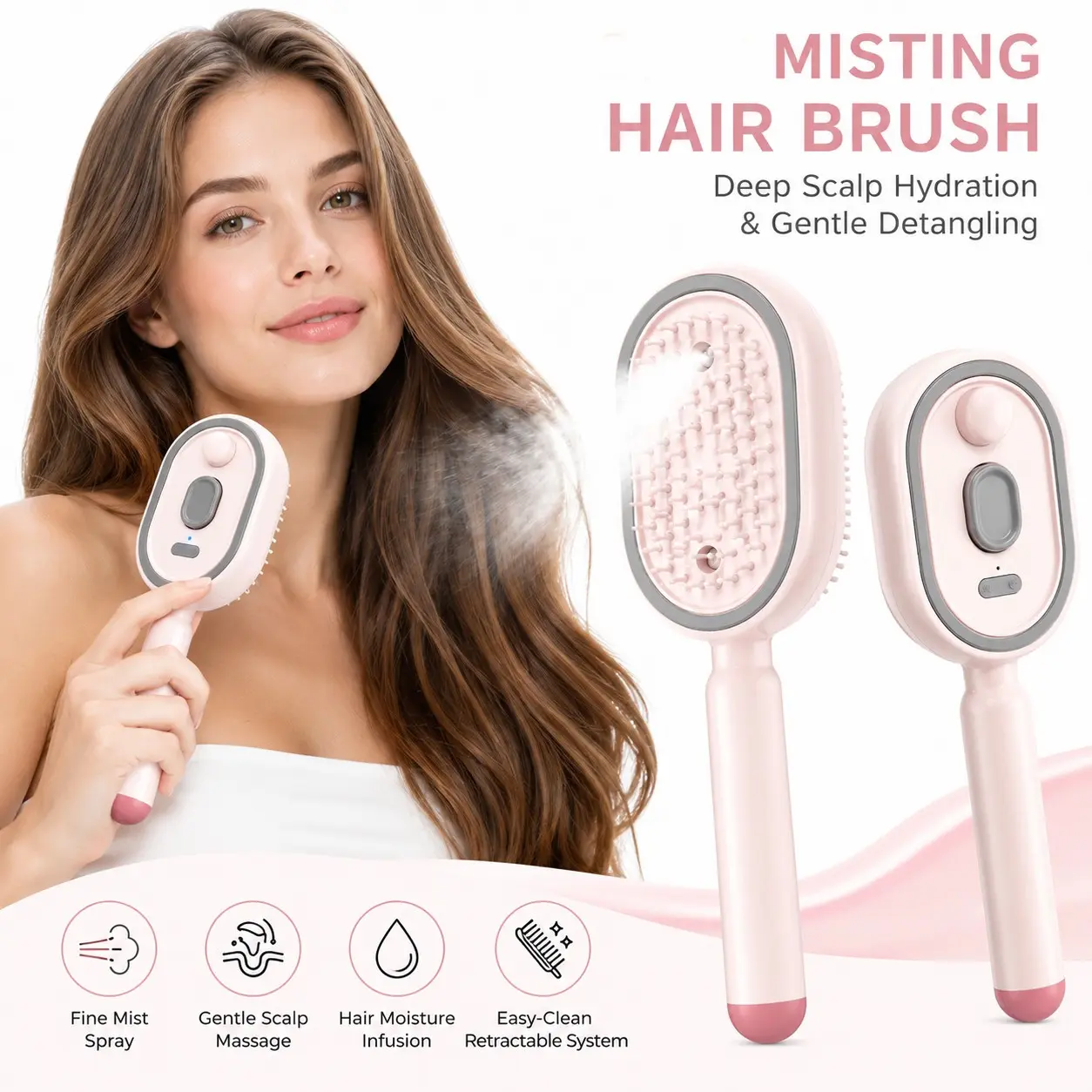 Multifunctional Rechargeable Spray Hair Brush, Misting Hair Brush, Anti-Static Hair Brush, Reduce Frizz, Electric Steam, Self-Cleaning, Oil Massage Comb