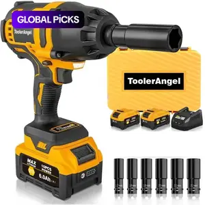 ToolerAngel 1/2-Inch Cordless Impact Wrench, 1000 Nm (737 ft-lbs) High-Torque Wrench, 20V 2000 RPM Brushless Motor, 2x 6.0Ah Lithium-Ion Batteries, Charger & 6 Sockets, Brushless Power Wrench