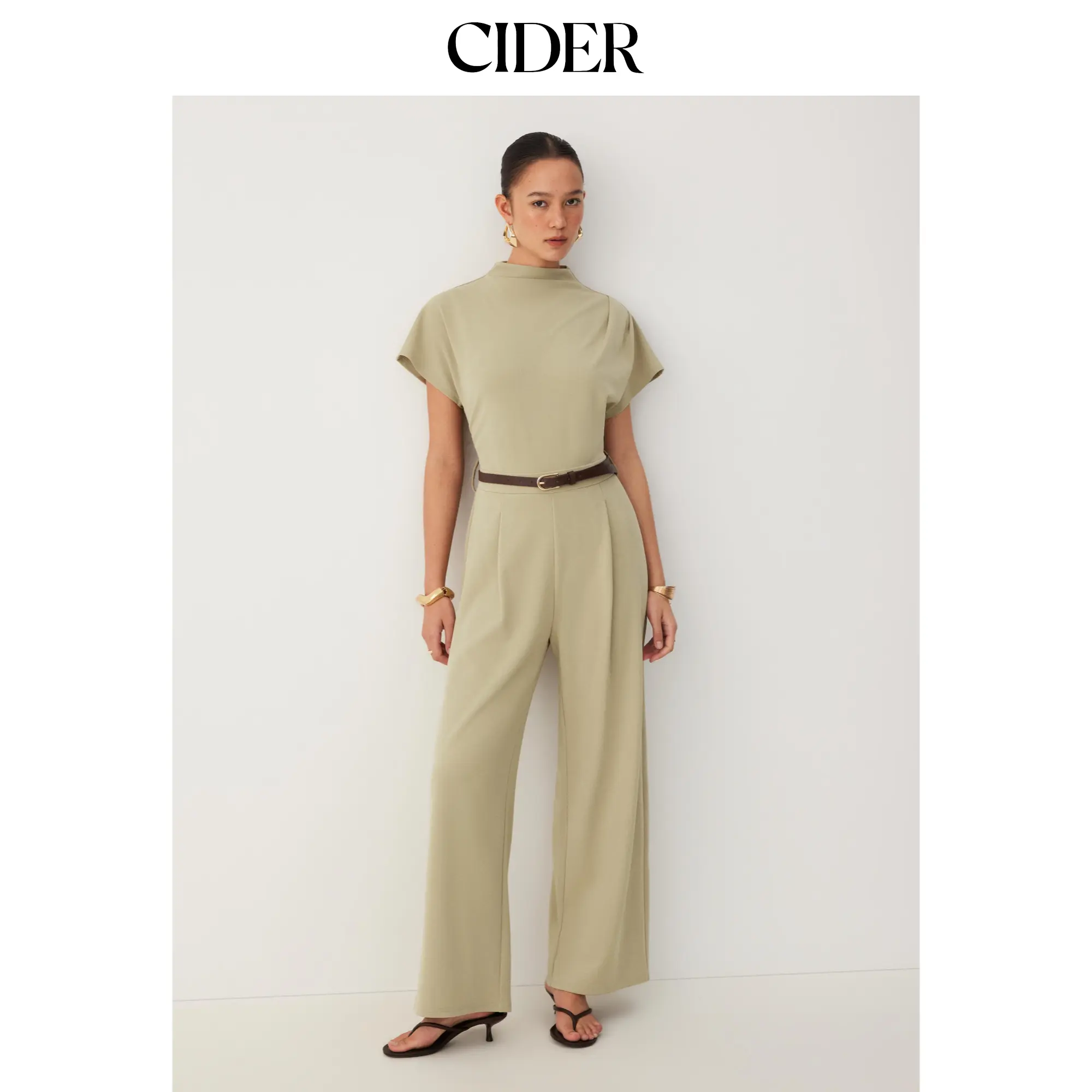 Cider Stand Collar Ruched Short Sleeve Straight Leg Jumpsuit With