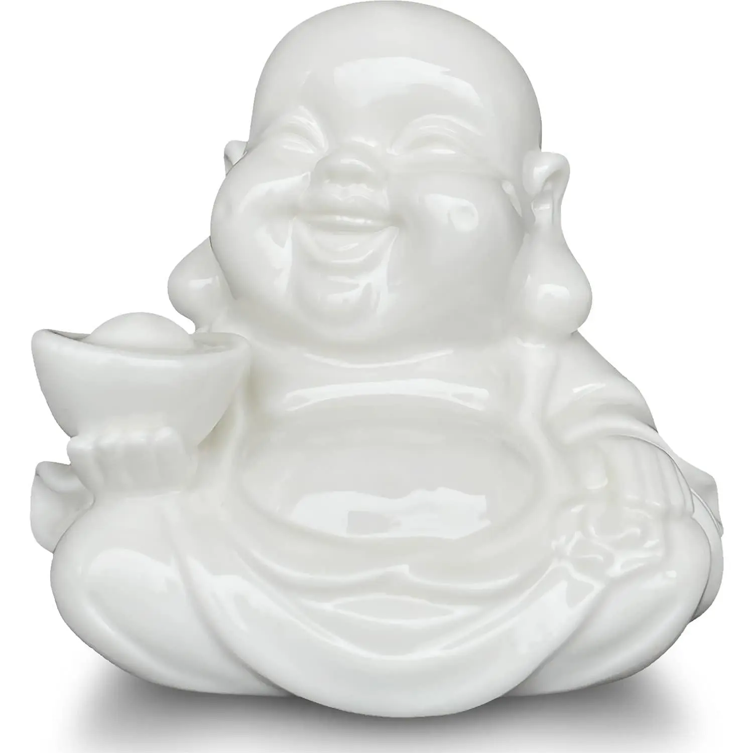 Small Laughing Buddha Statue for  Luck, Ceramic White Lucky Happy Buddha Figurine for  Decor, Office Decor, Garden Decor, Indoor/Outdoor