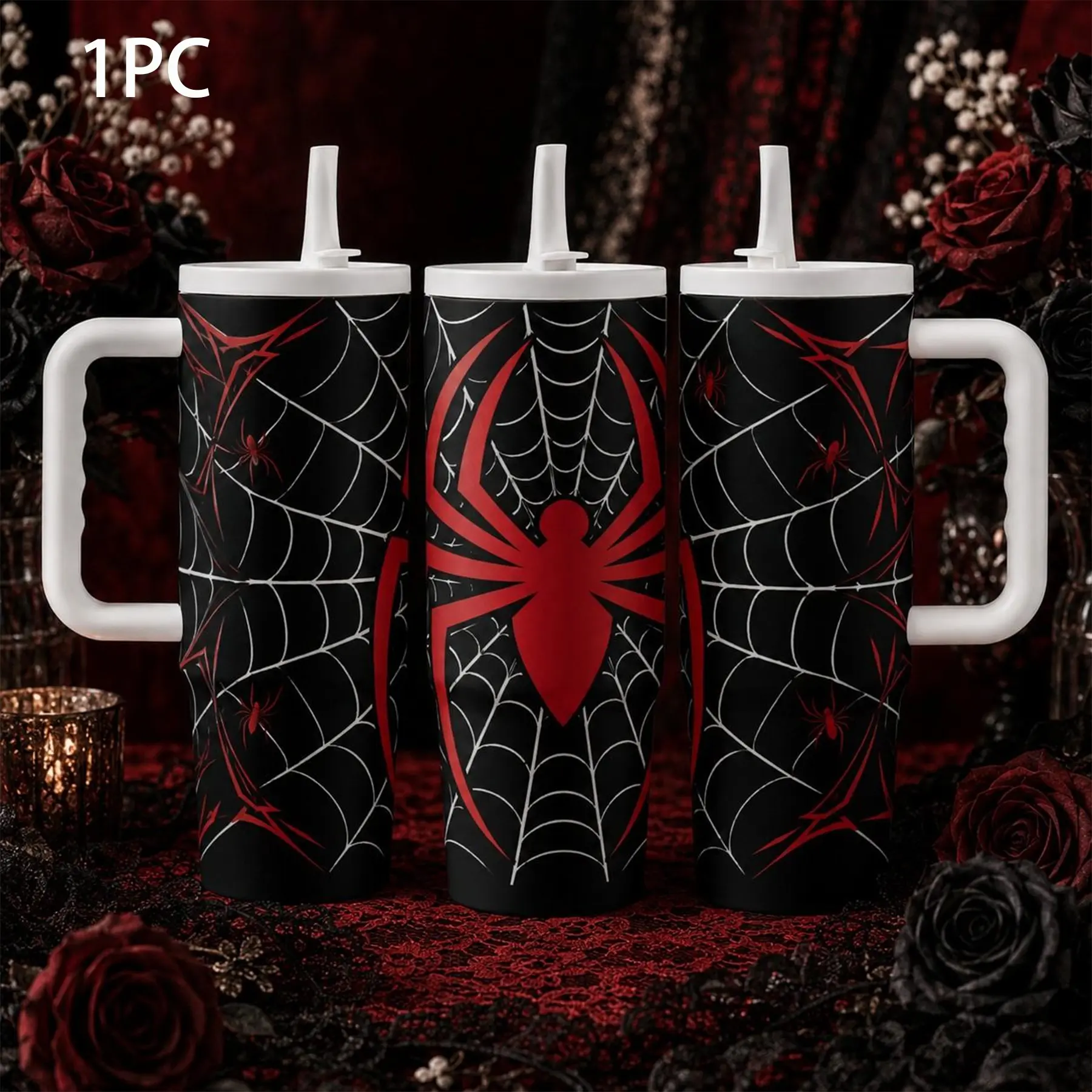 Spider-Man Gothic Spider Web Tumbler with Handle and Straw, Large Capacity Travel Cup for Hot and Cold Drinks, Insulated Design