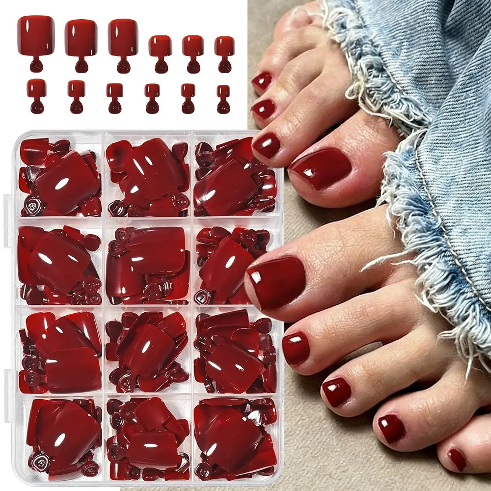 High-End Boxed 240 Pcs Wine Toe Nails, Shiny Short Reusable Toe Nail Stickers, Press On Toenails, Perfect for Women's Daily Wear, Summer Essential