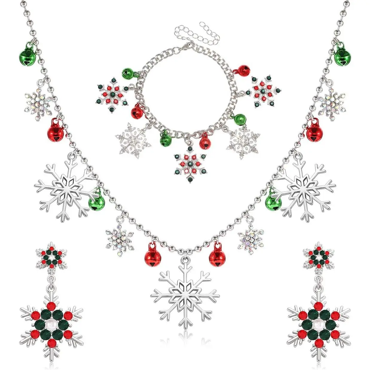 Christmas Necklace Earrings Bracelet Set Rhinestone Snowflake  Necklace Snow Flake Drop Earrings Jingle  Bracelet  X-Mas Christmas  Sets for Women