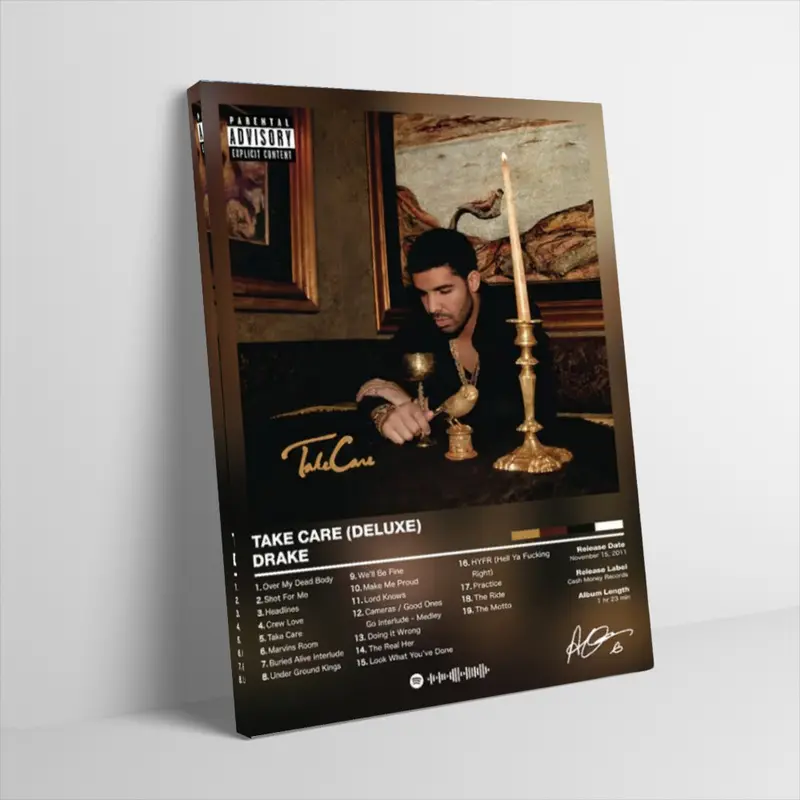 Drake Take Care Deluxe Poster Canvas Wall Art Candelabra Album Tracklist Layout Design Print Hip Hop Rap Music Star Home Wall Decor for Dorm Room Men Bedroom Man Cave Studio Unframed