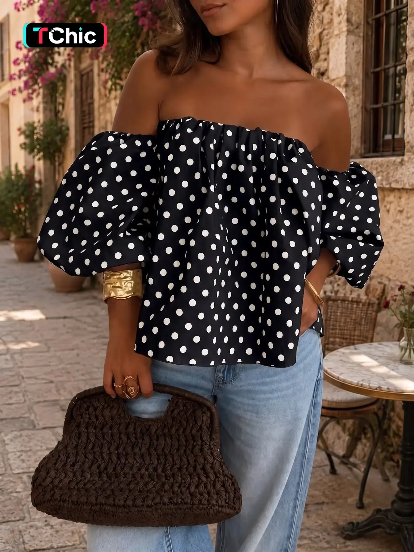 Women Polka Dot Off Shoulder Top Puff Sleeve Blouse White Black Dot Print Loose Fit Bardot Shirt Summer Vacation Beach Resort Wear Boho French Vintage Casual Going Out Cute Ruffle Blouse Streetwear Tops for Women