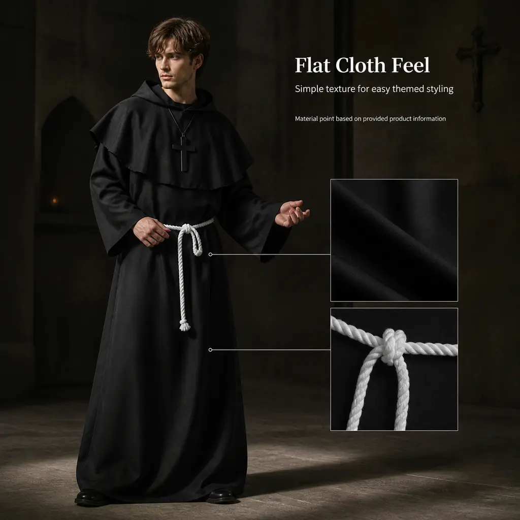 Men's Black Medieval Monk Hooded Robe Costume Set - Friar Long Robe with Rope Belt, Cross Necklace, Vintage Priest Tunic for Halloween, Cosplay Bell Cape