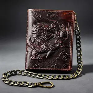 Embossed Dragon Leather Men Wallet Bifold With Safe Chain Anti-Theft Card Holder