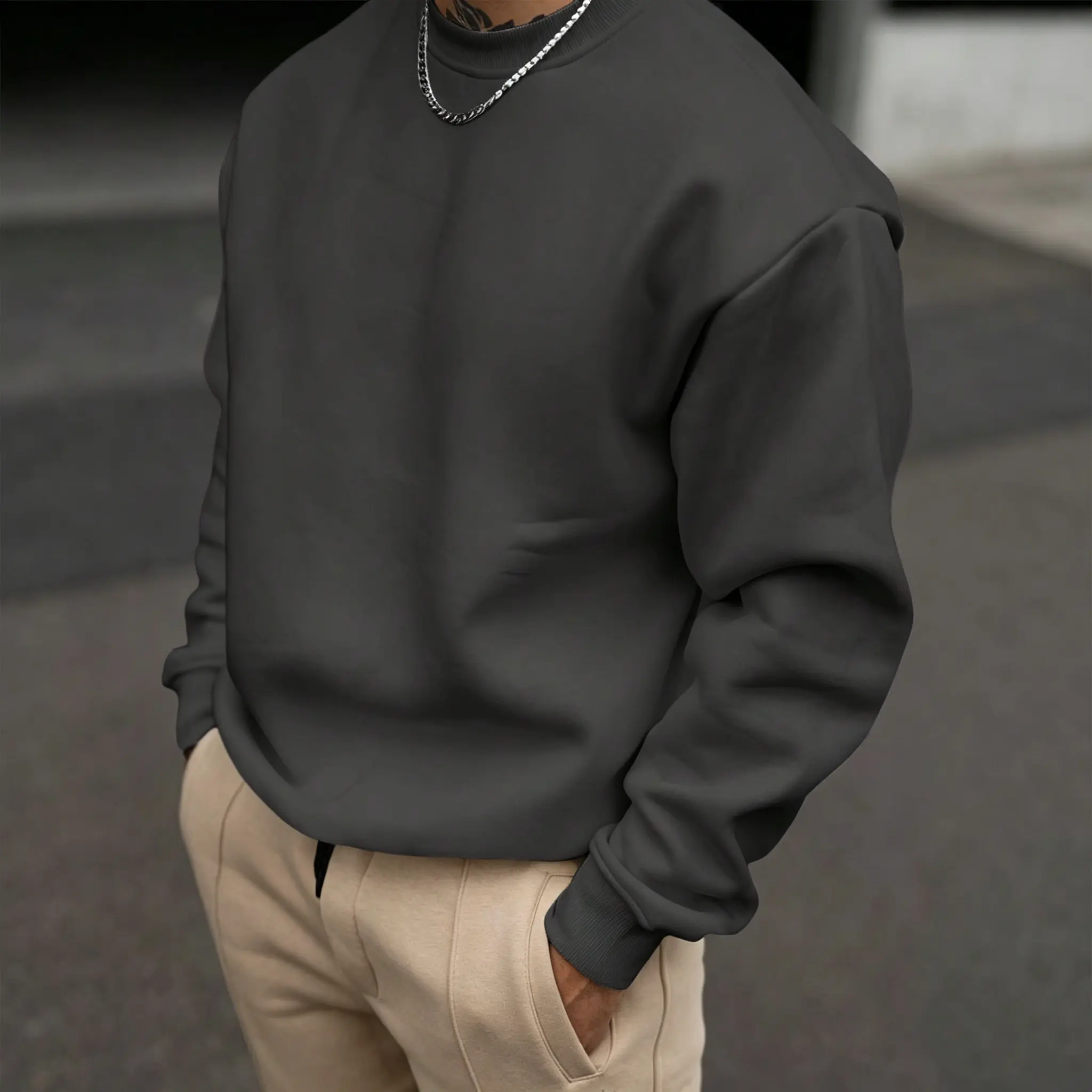 Breathable premium cotton long sleeve crew neck top for men, relaxed drapey fit with smooth plush texture, timeless basic wardrobe staple to create effortless streetwear outfits and elevate clean urban mensfashion
