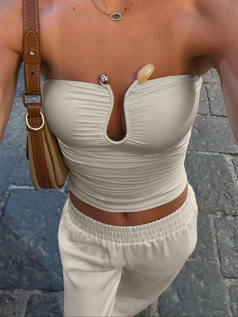 Women's Solid Color Cut Out Crop Tube  Top, Casual Sleeveless Cropped Top for Summer, Fashion Women's Top for Daily Wear