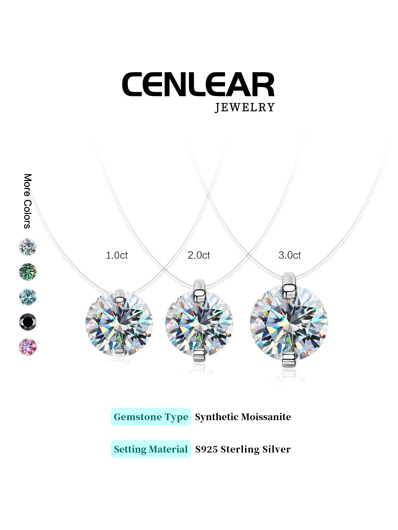 S925 Sterling Silver Moissanite Floating Necklace for Women, 1.0ct/2.0ct/3.0ct Invisible Chain Solitaire Pendant, Sparkly Collarbone Jewelry Gift