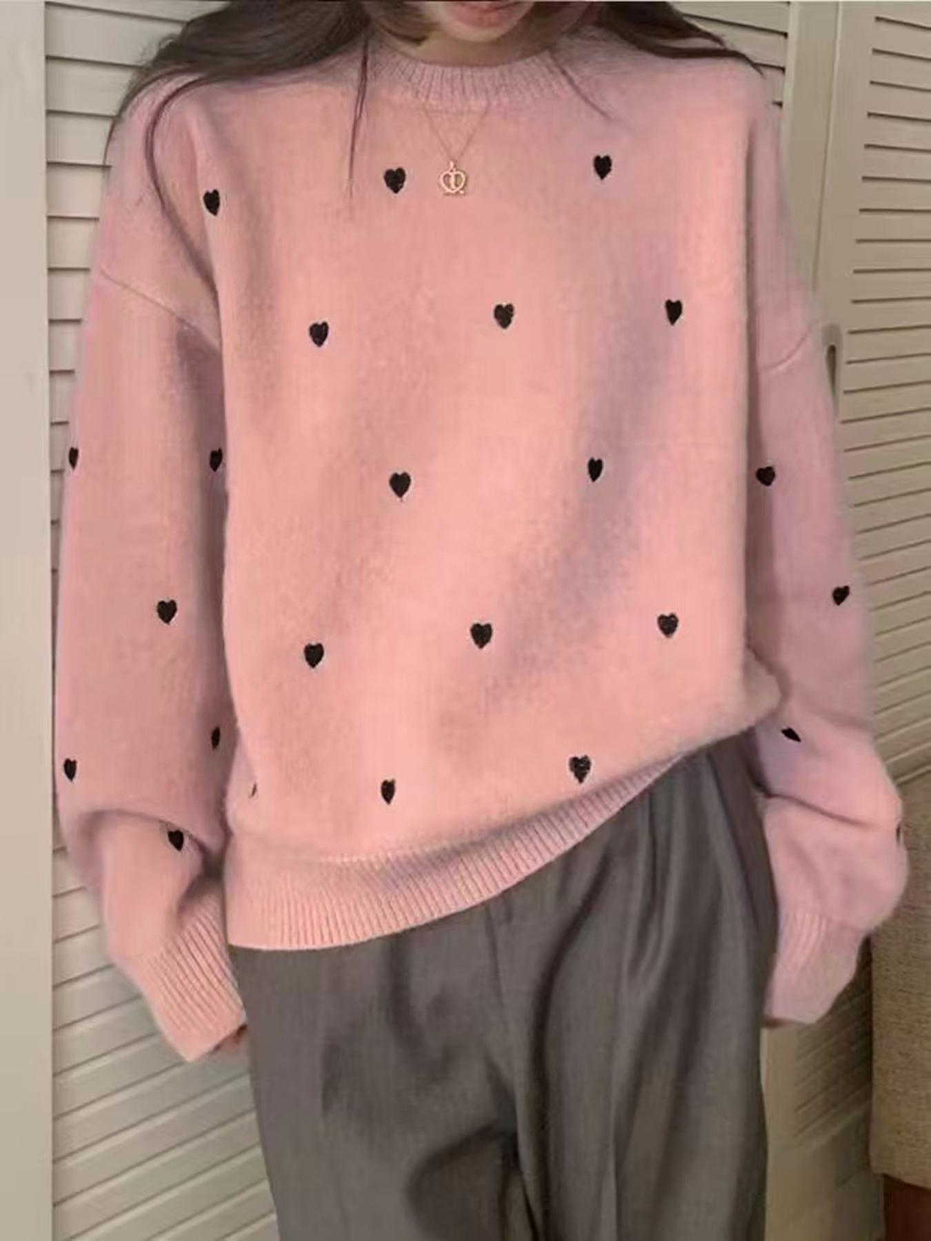 Women's Heart Embroidery Drop Shoulder Sweater, Casual Long Sleeve Round Neck Jumper for Fall & Winter, Fashion Ladies' Knitwear for Daily Wear