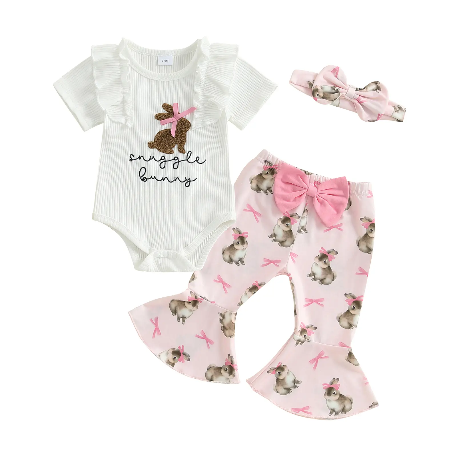 Newborn Baby Girl Easter Outfit Short Sleeve Letter Romper T-shirt Easter Bunny Flare Pants Summer Clothes Set
