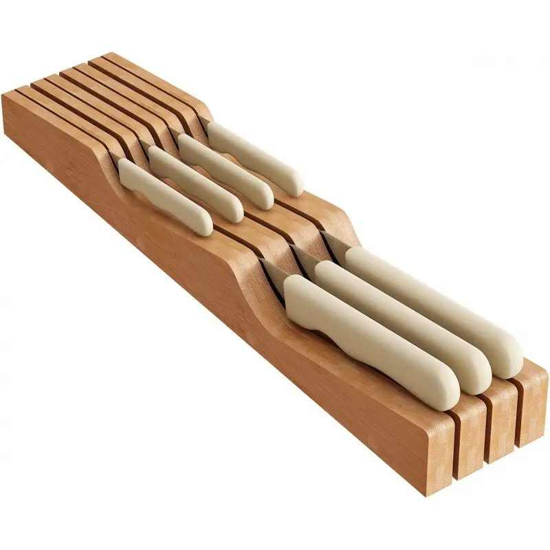 In-Drawer Kitchen Knife Block Organizer Storage - Bamboo Wooden Drawer Knife Organizer-Protecting Knife Organizer Block Knifeholder (Not Included) (Natural, 7 Knives Dock)