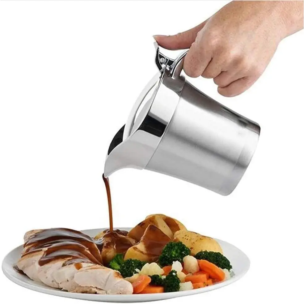 16oz/450ml Stainless Steel Double Insulated Gravy Boat Sauce Jug with Hinged Lid, Ideal for Serving Gravy or Cream at Thanksgiving