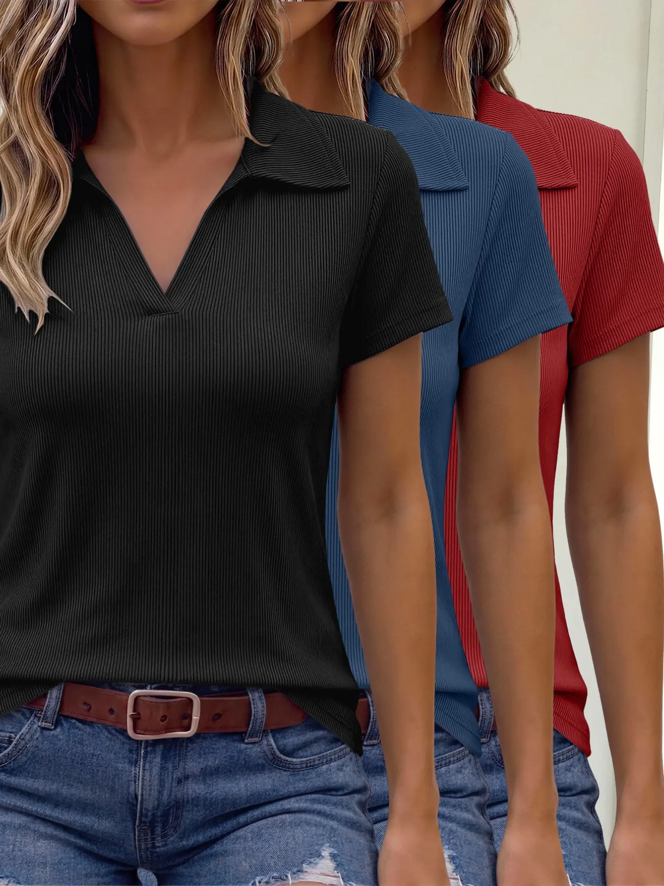 Women's Polo Neck Ribbed Short Sleeve T-Shirt Top 3-Piece Set, Elegant Fitted Design, Everyday All Seasons Wear, Plain Surface, Unlined Clothes