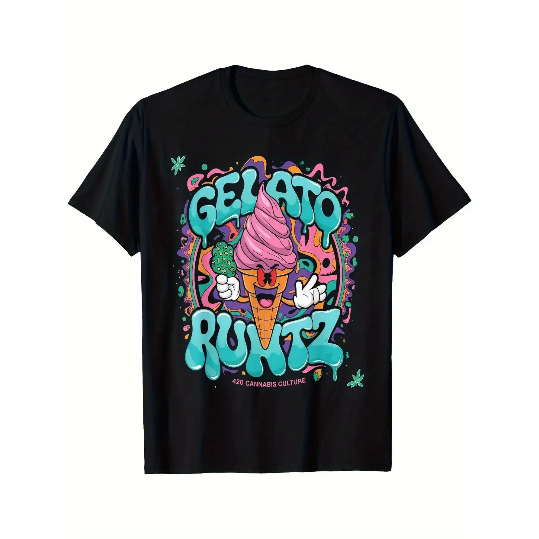 Men's Gelato Runtz Stoner Cannabis Strain Graphic Short Sleeve T-Shirt - Black Menswear Streetwear, Round Neck, Regular Fit, Bright Ice Cream Cone & Leaf Print, Digital Heat Transfer, Machine Washable Leisure Sports Top, Shortsleeve