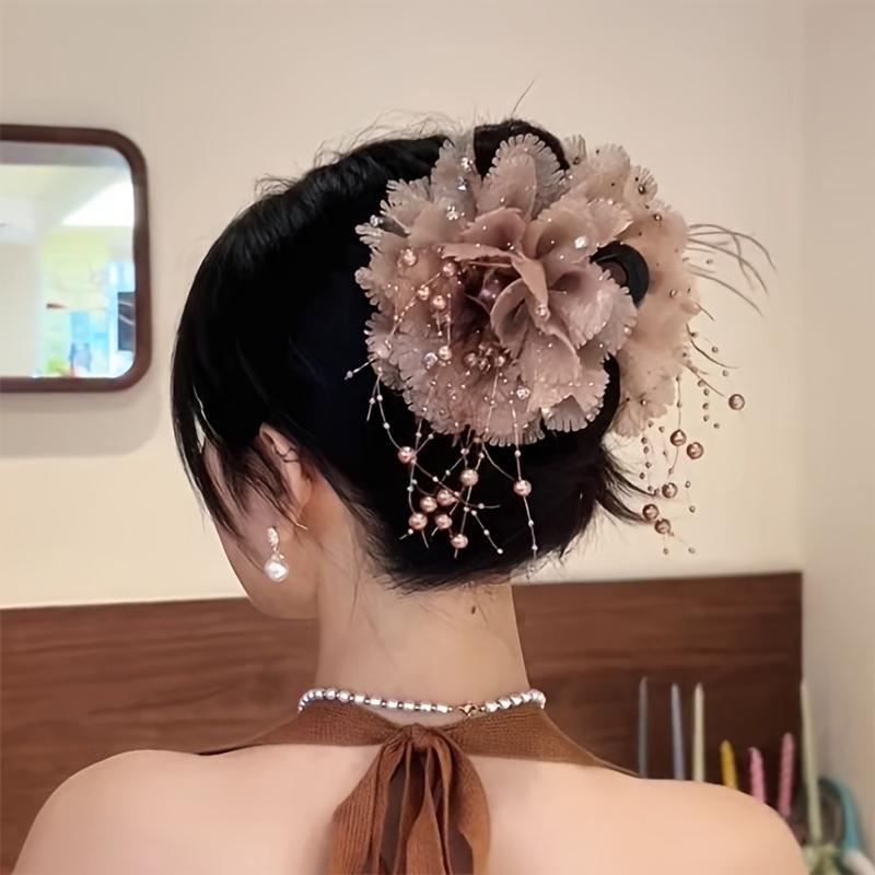Elegant Large Round Flower Hair Clip With Feathers Tassels Volume Enhancing Shark Clip Peony Flower Design Hair Accessories For Wedding Prom Everyday Updo