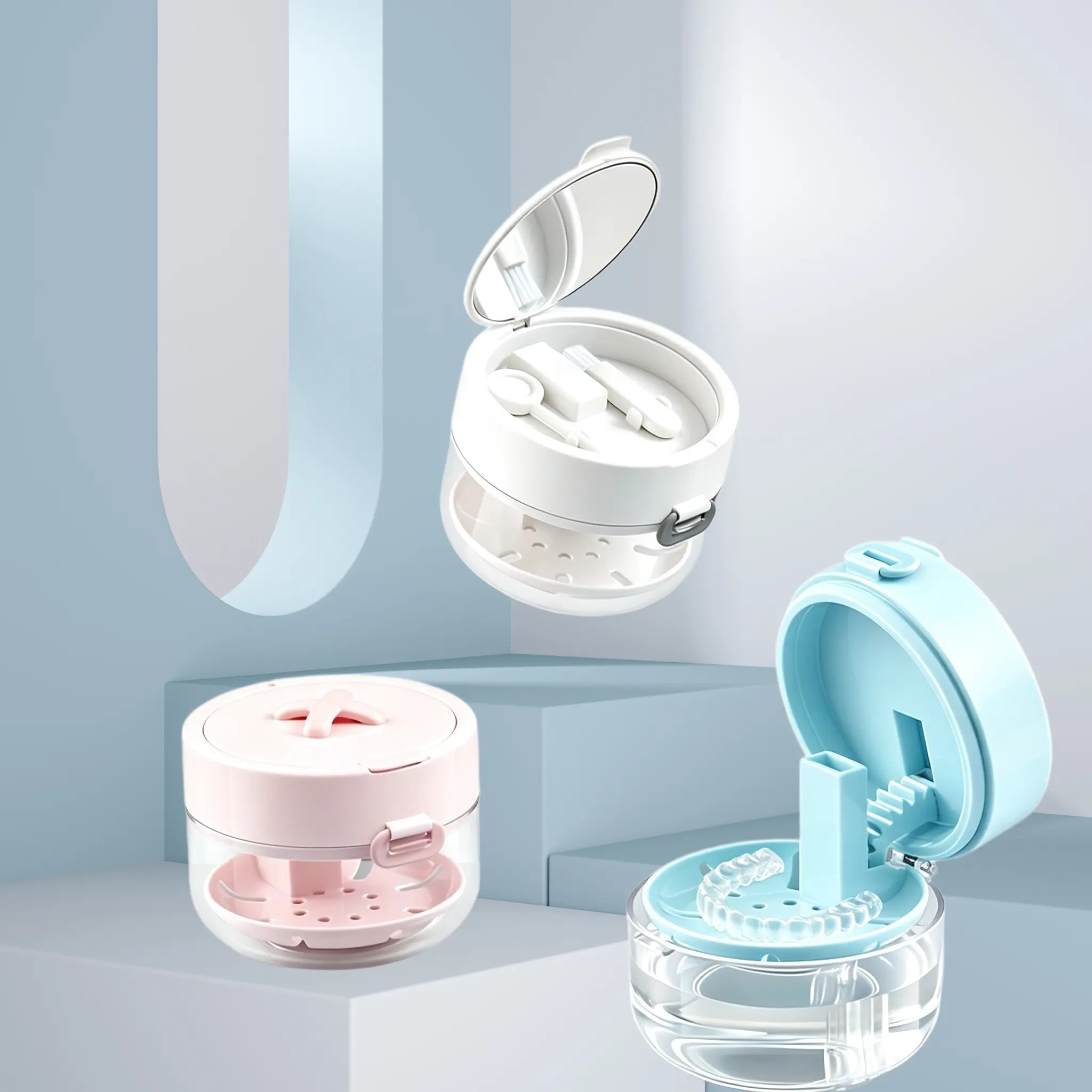 Retainer Cleaning Storage Box, Portable Soak Container with Drain Tray, Built-in Mirror & Cleaning Brush for Travel Use-MM1