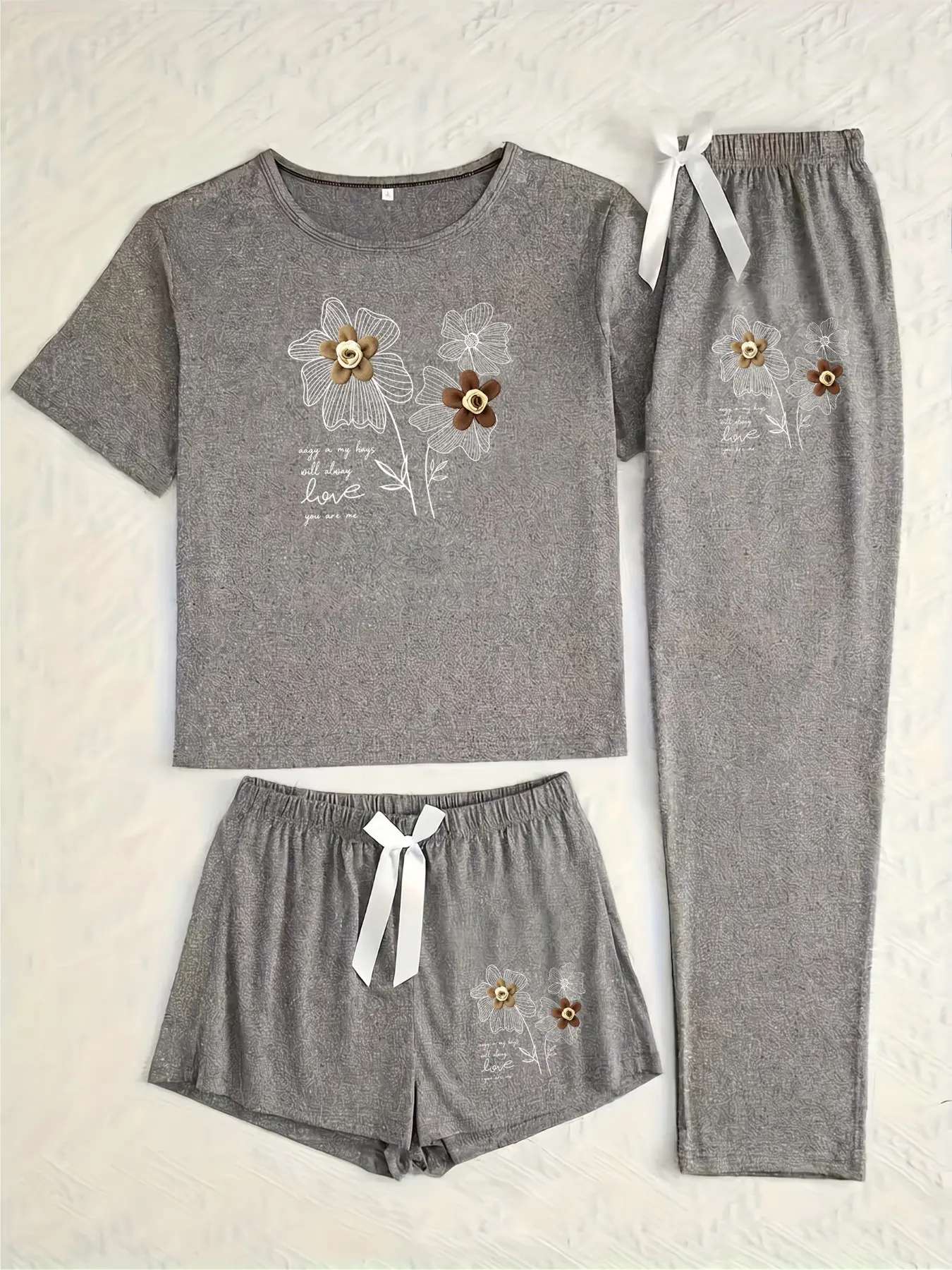 Three-Piece Pajama Set for Women, Letter and Flower Print, Casual Loose-Fitting Sleepwear, All-Season Comfortable Nightwear
