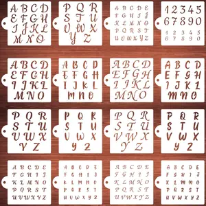 Letter Stencils for Cookies Decorating, 16 Pack Letters Numbers Stencil Templates for Cakes Coffee Baking, Reusable Cursive Stencils for Wood Crafts Painting & Airbrushing