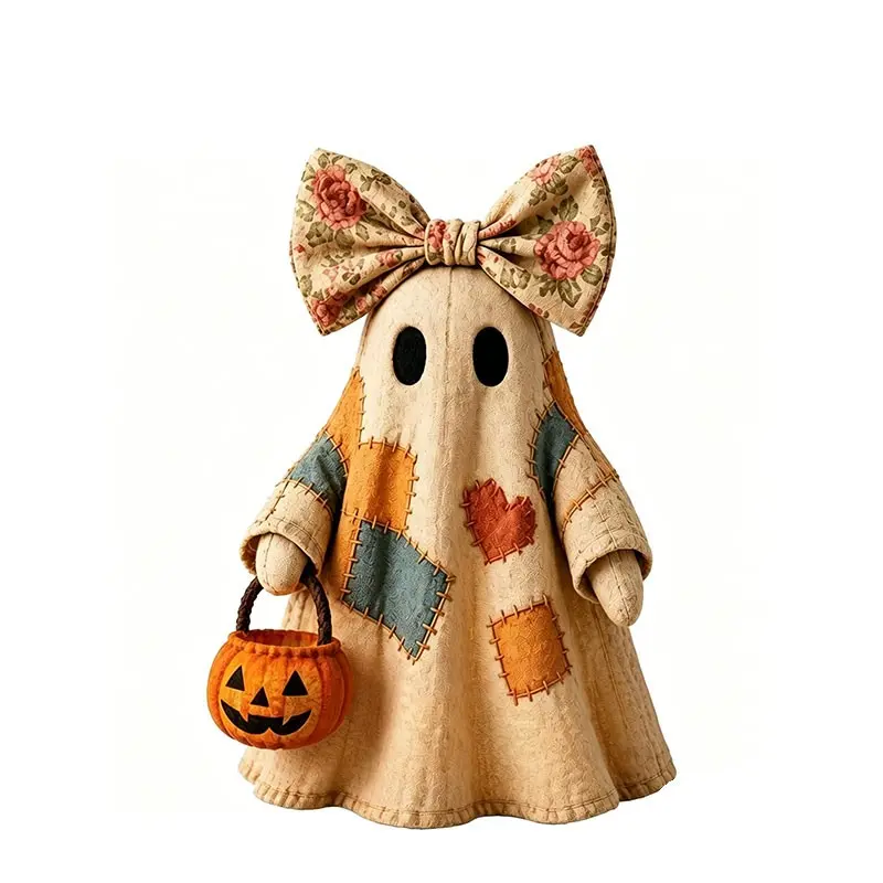 Rustic Quilt Fabric Ghost Ornament, Country Floral Bow Ghost Doll Without Light Pumpkin Lantern, Autumn Harvest Halloween Tabletop Decoration, Halloween Gift for Home Decor Enthusiasts, Decorative Ornaments