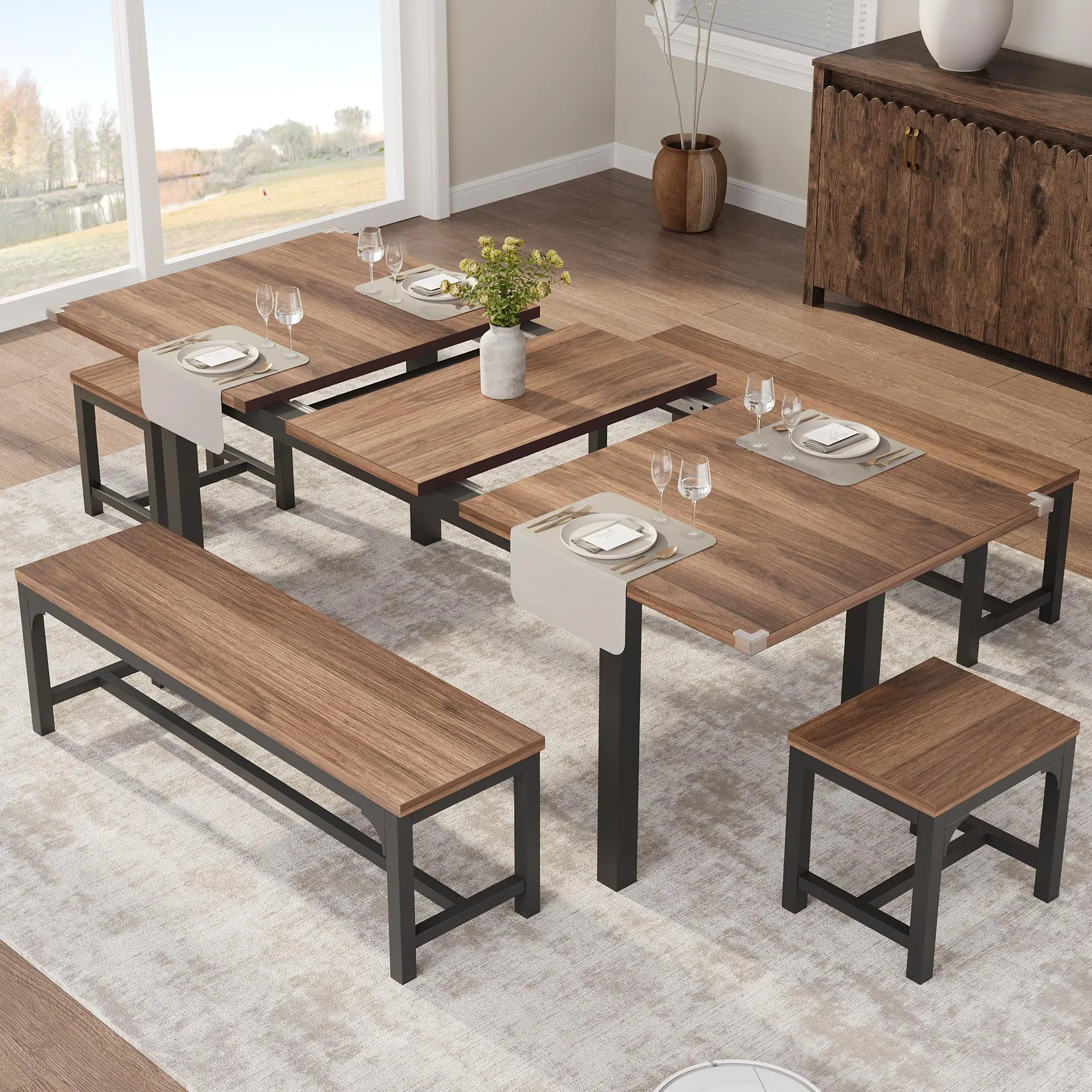 63" Modern Extendable Office Desk & Dining Table Set with Benches, Space-Saving Table Seats 4-8, Waterproof & Mark-Resistant Wood Top, Multi-Functional Workstation for Home Office & Kitchen, Sturdy Metal Frame, Mid-Century Natural Wood/Walnut