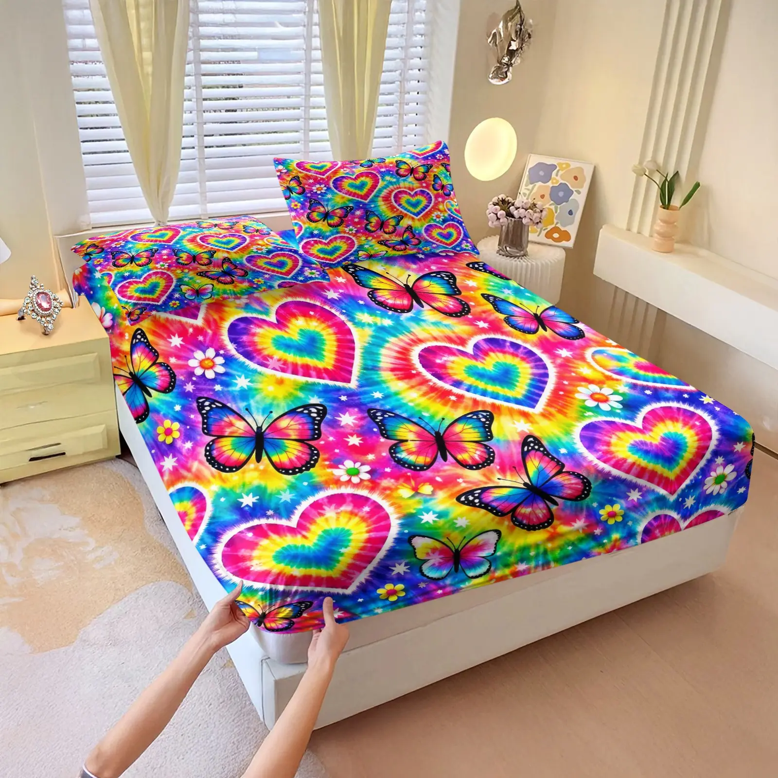 Rainbow Heart Butterfly Pattern Fitted Sheet Set, 3Pcs Digital Print Bedding Set, Machine Washable, Vibrant Y2K Aesthetic Bed Linens for Teen Girls Bedroom Decor. 2 Pillowcase, No Filling