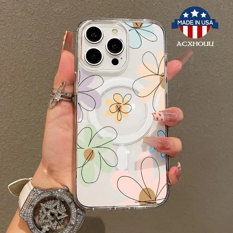 Magnetic Soft Case for iPhone17 Promax 16 Plus 15 14 13 12 11, Cartoon Flowers MagSafe Compatible,Springtok Aesthetic Pattern Design Lightweight,y2k cased,AntiScratch,and Trendy Protector Screen Protector Resistance Protection.HMG167