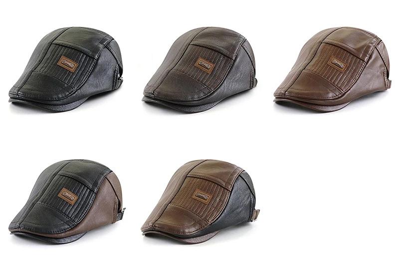 PU Leather Beret Hat Men Autumn Winter Faux Leather Duckbill Newsboy Cap Herringbone Middle-aged Men's Flat Peaked Cap For Dad
