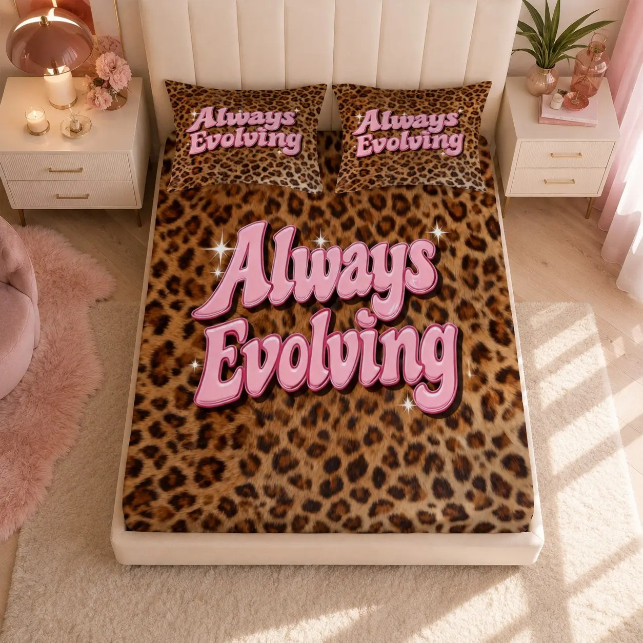 Always Evolving Letter Leopard Print Fitted Sheet Set, 3 Pieces (1 Fitted Sheet and 2 Pillowcases), Excluding Pillow Inserts, Single-Sided Printed Soft and Comfortable Bedding for Bedroom, Apartment, Dorm and Guest Room