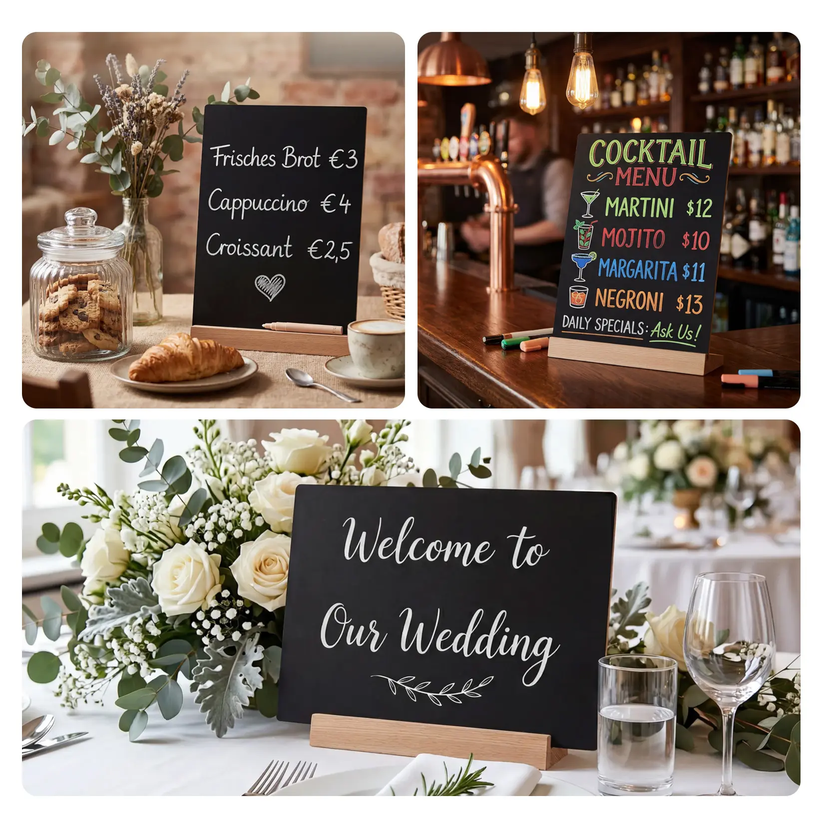 4 Pack A4 Tabletop Chalkboard Signs with Wooden Stand, Double-Sided Blackboard Display, Includes 7 Chalk Markers & Cleaning Cloth, Reusable Message Board Wooden Frame Easel, For Kitchen Cafe Home Pub