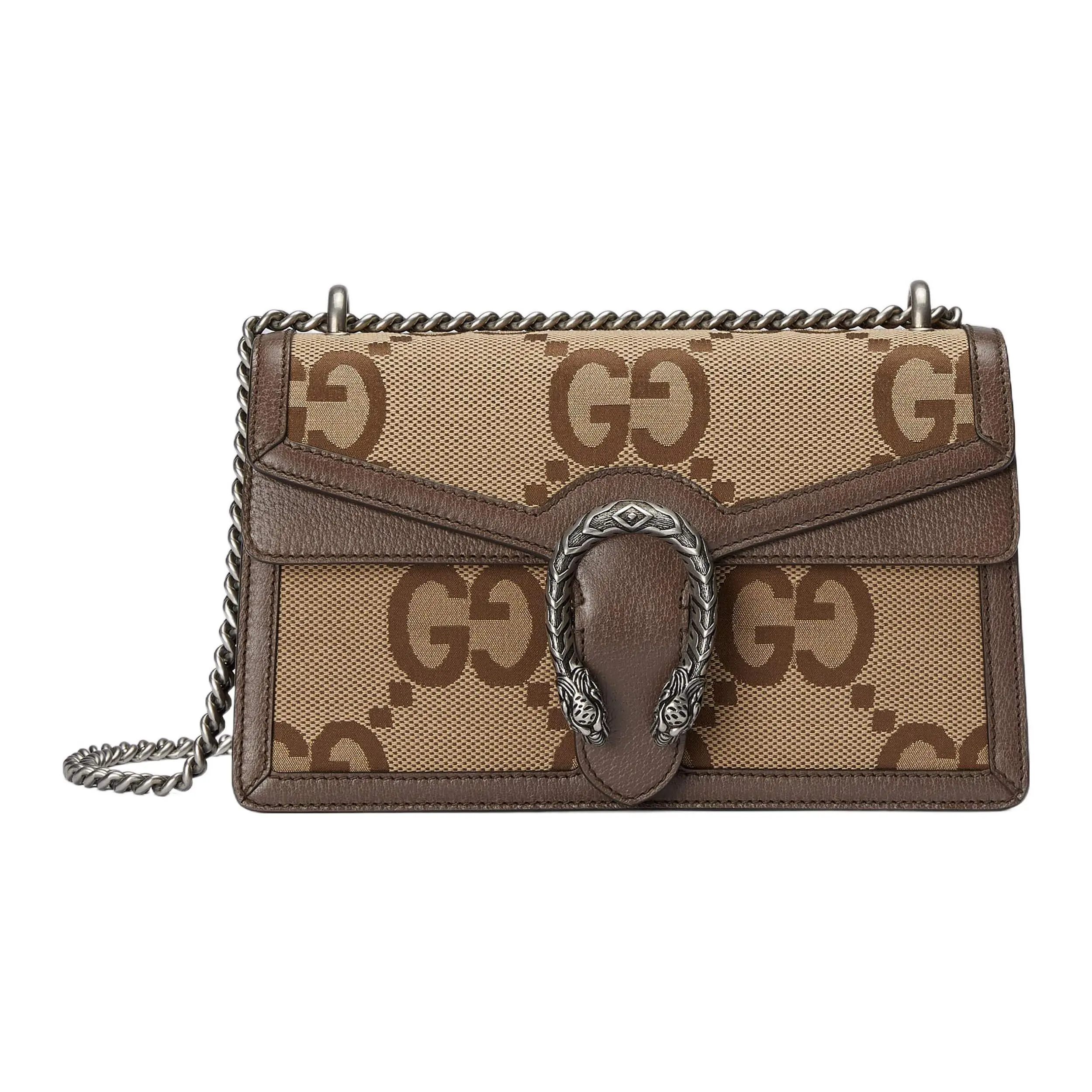 Gucci Dionysus Tiger-Head Buckle Super Double G Monogram Chain Bag, Canvas and Leather, Crossbody Shoulder Bag, Small Size, Women’s Beige Brown