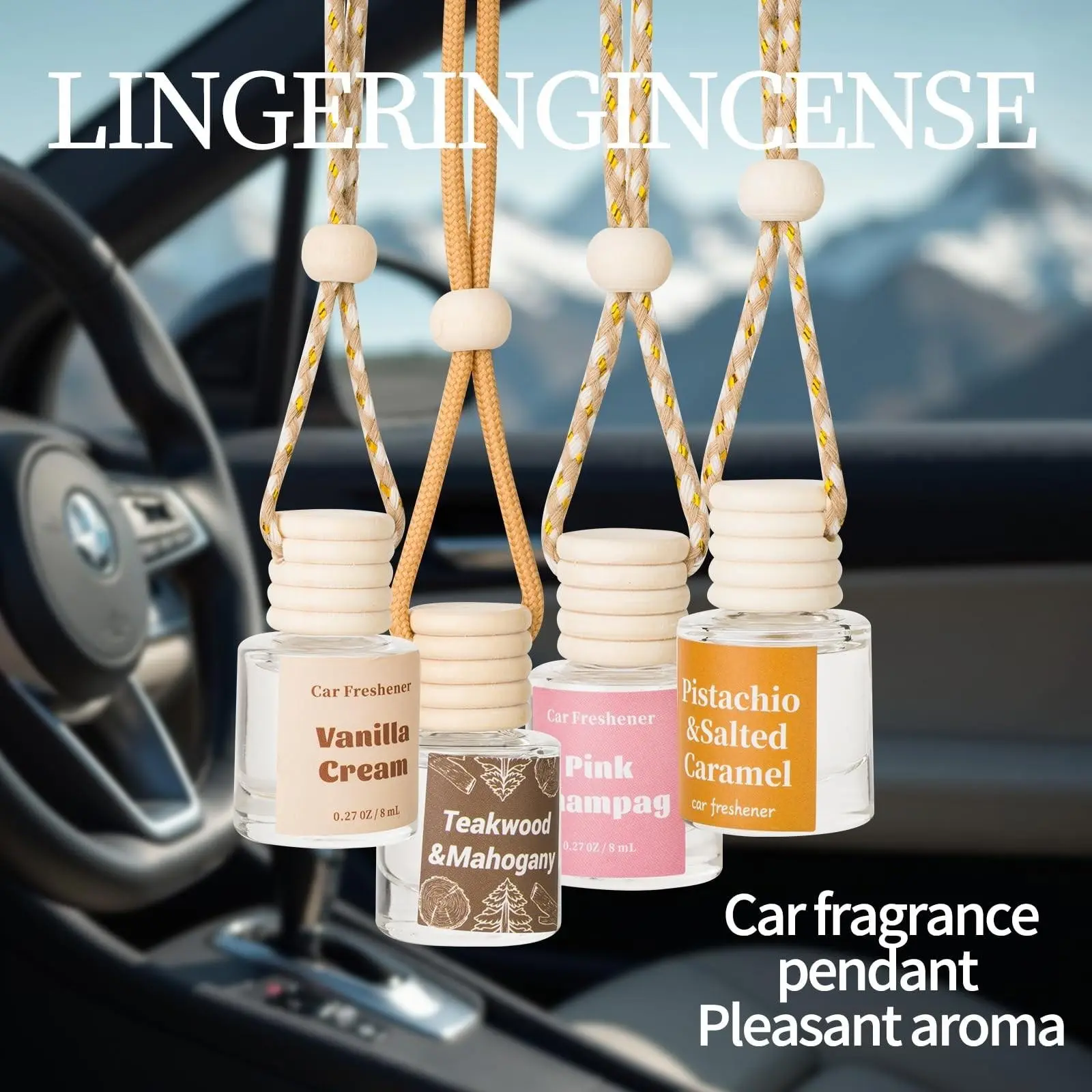 Car Air Freshener Hanging Diffuser, Car Aroma Diffuser, Long Lasting Scent, Essential Oil Fragrance, Auto Odor Eliminator, 4 Pack, Car Fragrance Set, Car Scents, Perfect for Car Interior