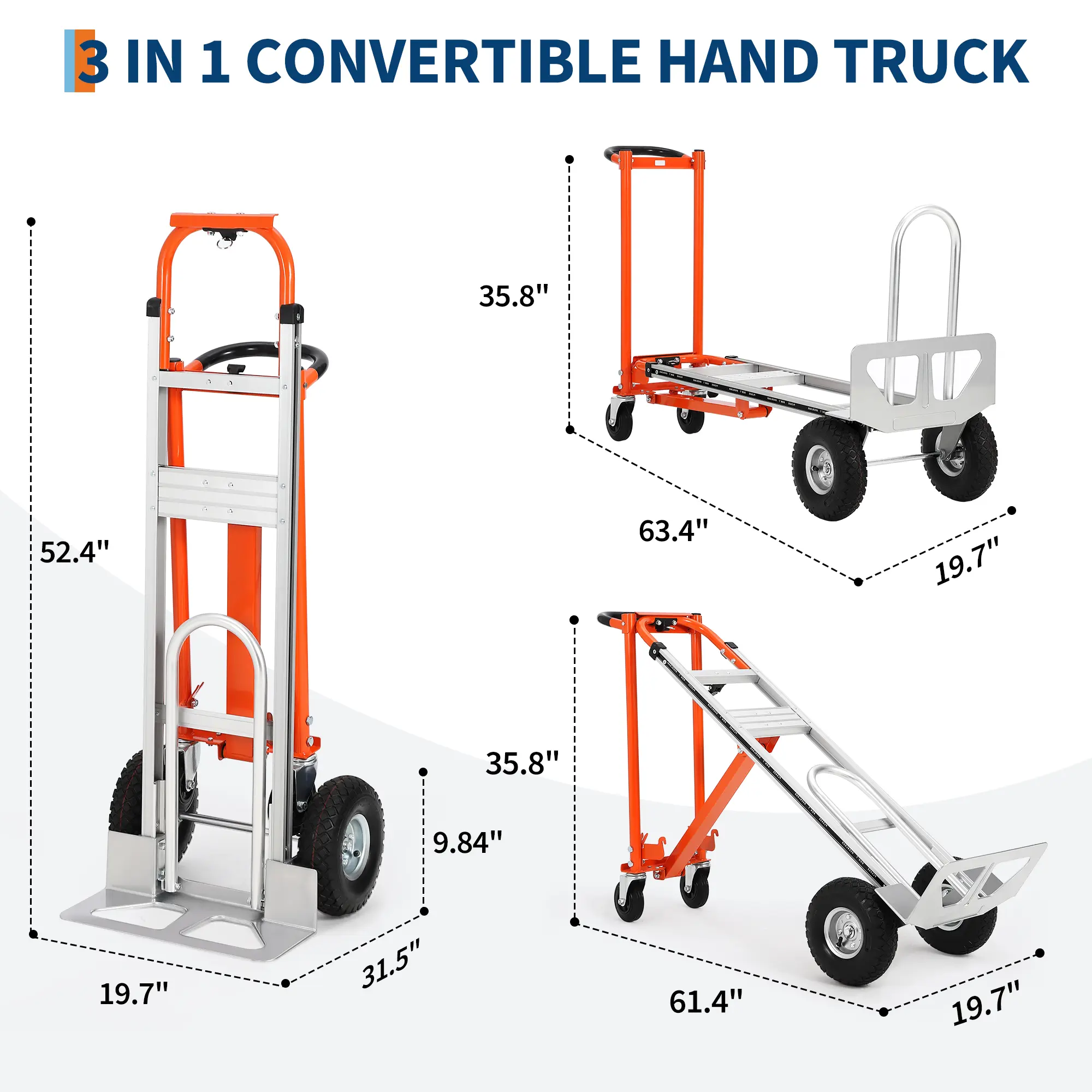3 in 1 Convertible Hand Truck Dolly, 770 LBS Capacity Aluminum Folding Trolley with Wheels & Elastic Straps, Utility Dolly Cart for Warehouse