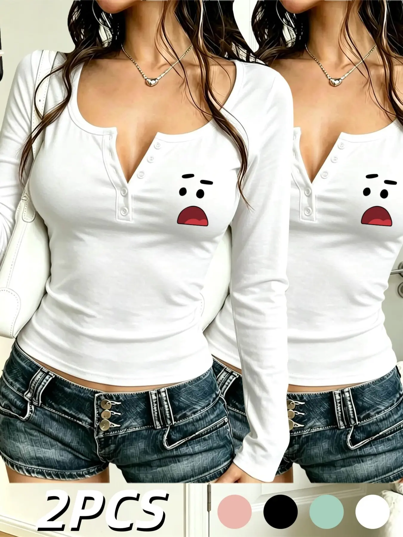 Women's Long Sleeve Top, New Season Cartoon Print, Fitted Geometric Pattern, Sexy Spring & Fall Wear, Casual Sweet Cool Style