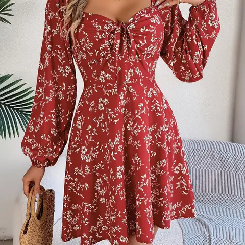 Women's Feminine Floral Print Sweetheart Neck Bishop Sleeve Tie Front Fitted A Line Dress, Boho Fashion Casual Romantic Chic Long Sleeve Short Dress for Daily Casual Holiday Vacation Wear, Ladies Dress for Spring & Fall