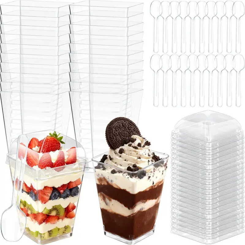 5oz Plastic Dessert Cups with Lids and Spoons, Clear Small Yogurt Parfait Cups with Lids, Mini Dessert Shooter Cups with Spoons, Square Appetizer Cups for Party Fruit Pudding Trifle Ice Creamkb 20 Pack