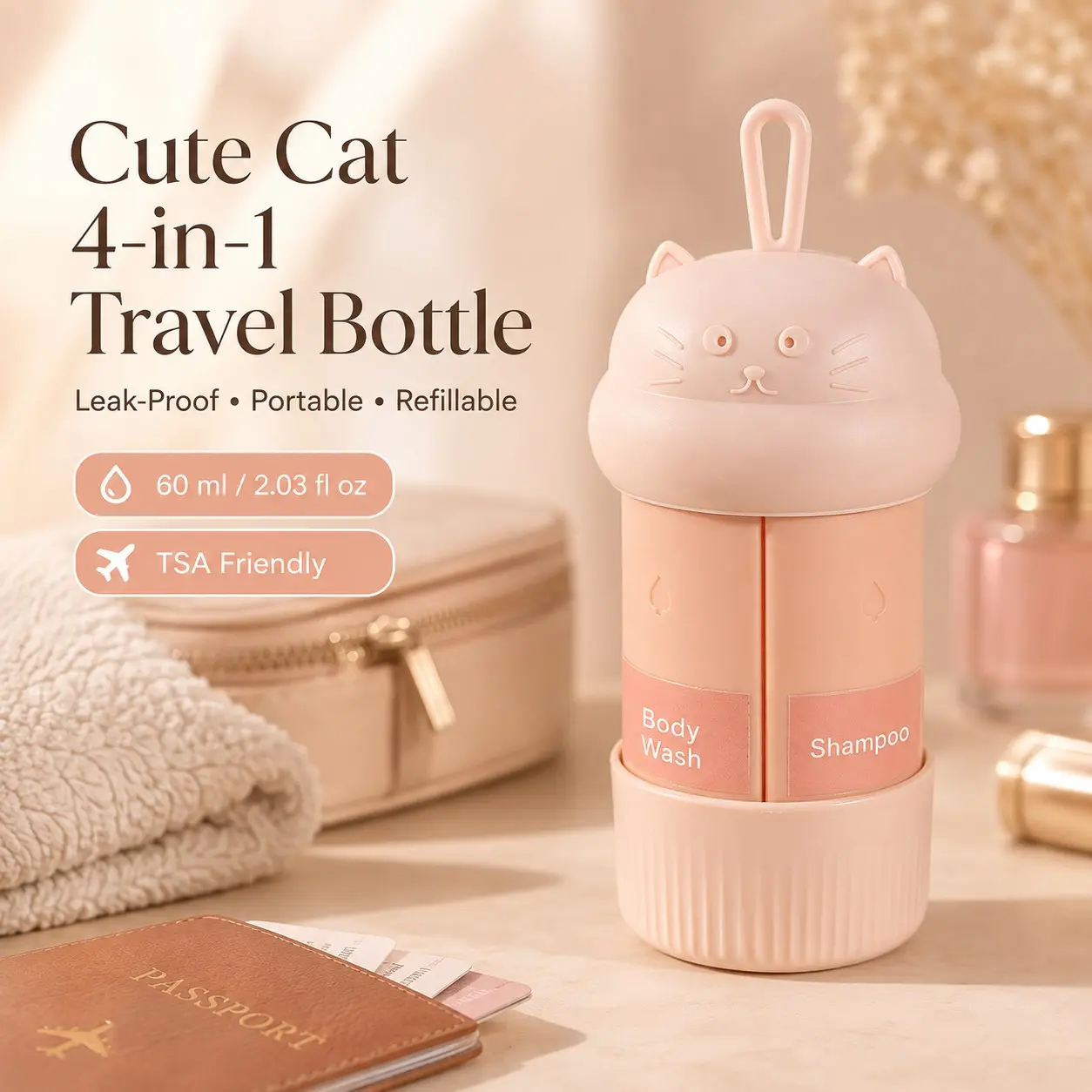 Cute Cat 4-in-1 Travel Bottle Refillable Toiletry Bottles for Travel Shampoo Body Wash Lotion Cleanser Portable Leak Proof Squeeze Dispenser Container TSA Friendly Mini Travel Essentials Organizer for Women