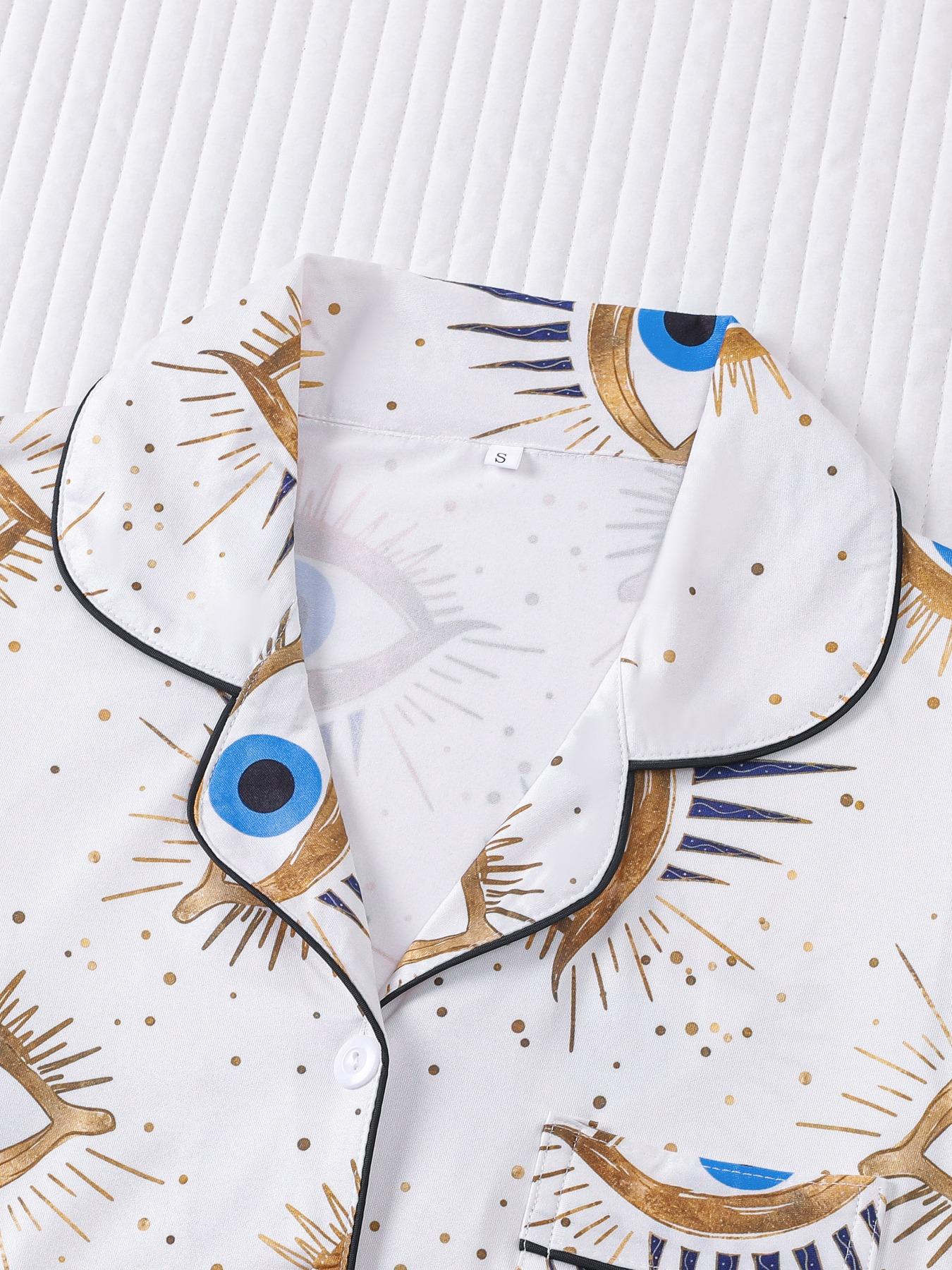 Women's Random Print Pajama Set Loungewear, Casual Comfy Long Sleeve Button Up Top & Elastic Waist Pants PJ Set, Ladies Sleepwear for All Seasons