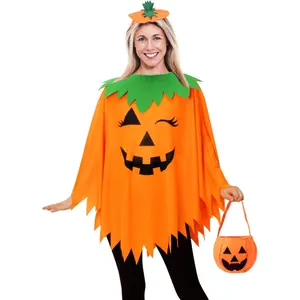 Unisex Halloween Pumpkin Poncho Costume with Matching Headband & Candy Bag, Festival Party Outfit