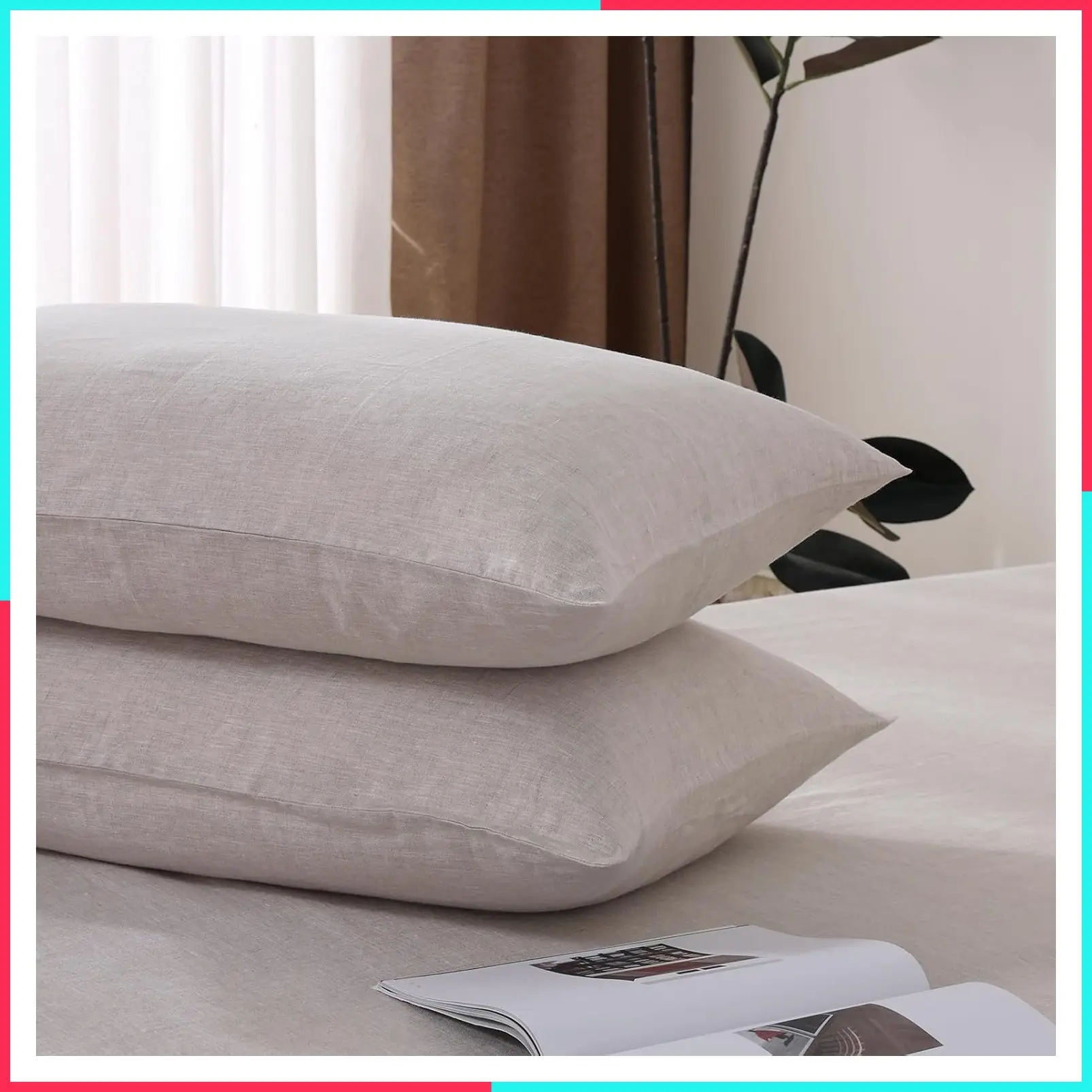 100% French Linen Pillowcase Set of 2 - Natural Pure Linen Pillow Covers with Envelope Closure, Queen Size Cooling Breathable Soft Washable, Luxury Hotel & Home Use Gift