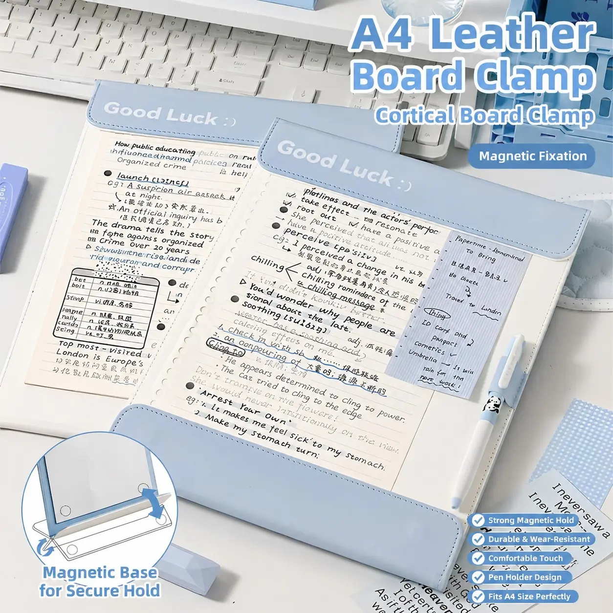 A4 Magnetic PU Leather Clipboard Folder, Elastic Closure, Hard Writing Board Pad, Pen Holder, Anti-Fold Document Organizer, Office Study, Folders for Documents