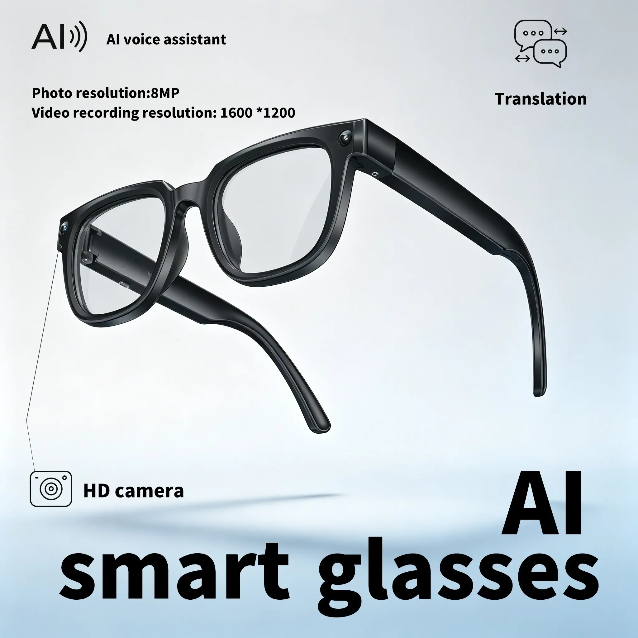 Ai Smart Glasses with Camera and Audio, 8mp HD Photo Capture, Real-Time Translation, 4GB Memory, Travel and Conference Use, Unisex