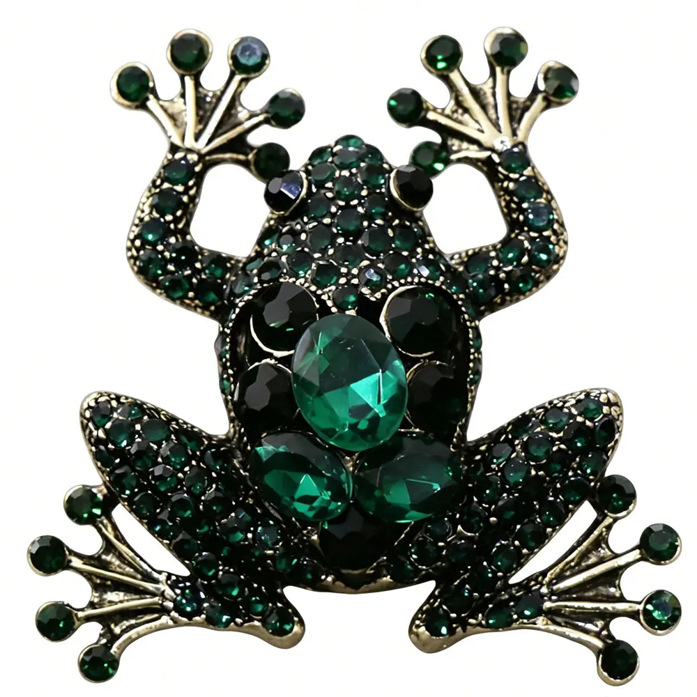 Vintage Green Diamond Frog Brooch Cute Animal Exaggerated Creative Brooches Women's Accessory Gift Ladies' Novelty