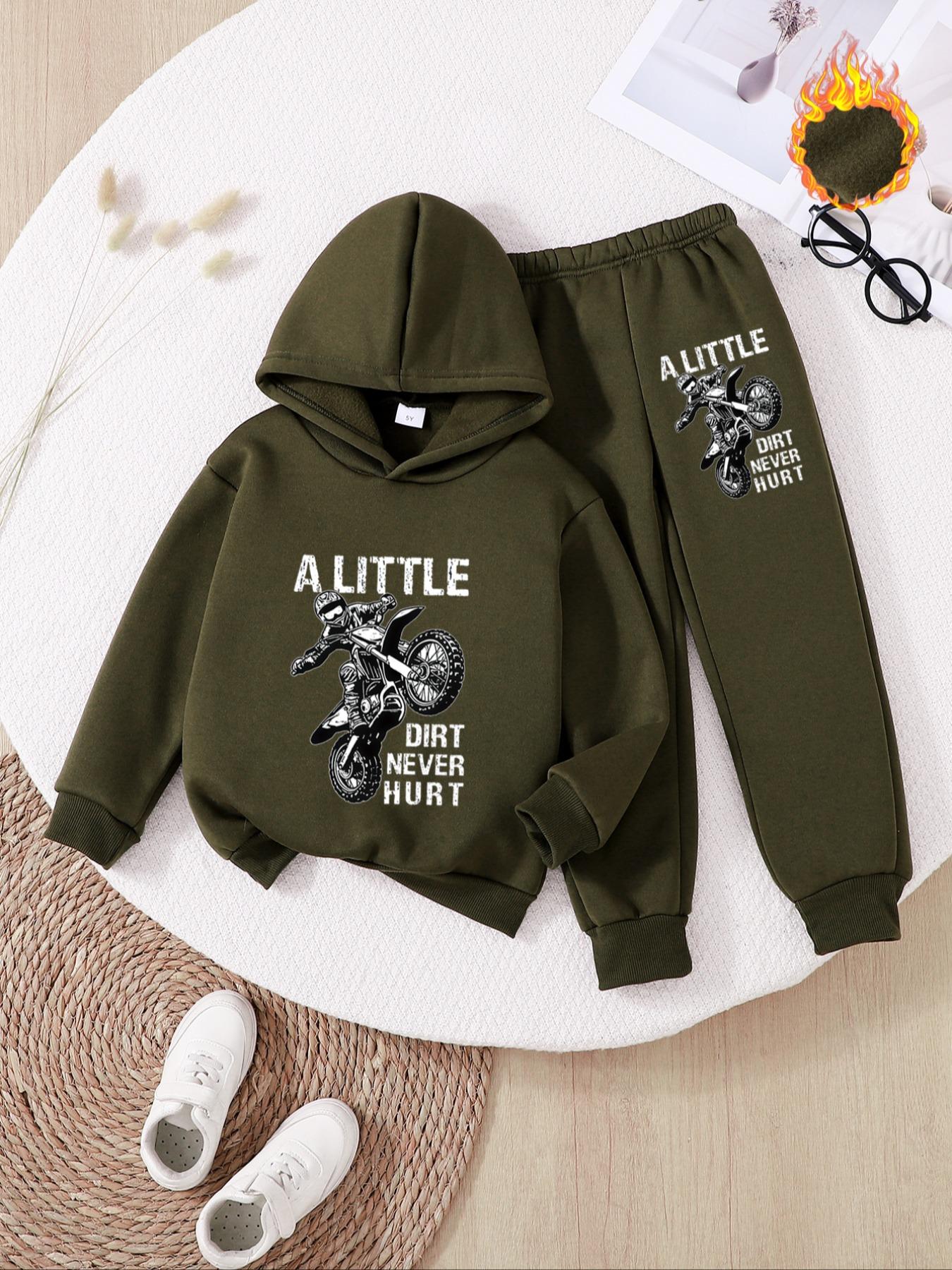 Boys' Fall & Winter Fashion Hooded Sweatshirt Set Hoodies, Thick Anime Motorcycle Print Pullover, Casual Fitted Pants, Perfect Outdoor Wear