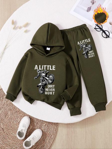 Boys' Fall & Winter Fashion Hooded Sweatshirt Set, Thick Anime Motorcycle Print Pullover, Casual Fitted Pants, Perfect Outdoor Wear
